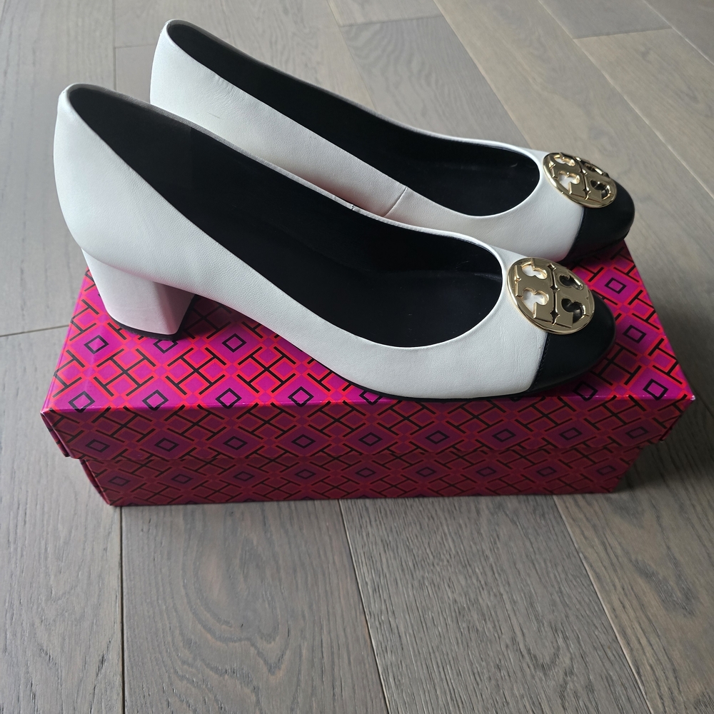 Tory Burch Black and White Women's Heels with Gold Accent, 8.5